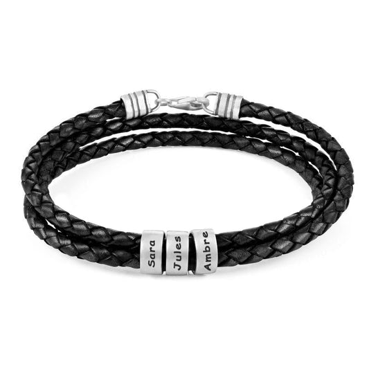 Bracelete Masculino em Couro Preto – Personalizável com Acabamentos em Prateado ou Ouro 